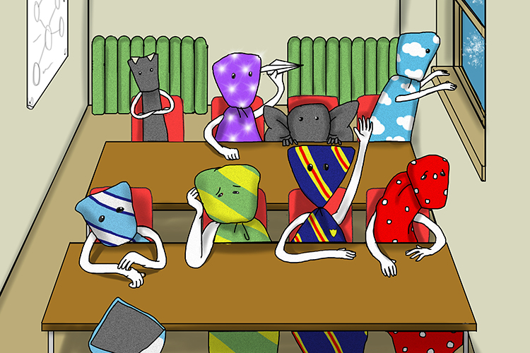 a group of ties in a classroom as students